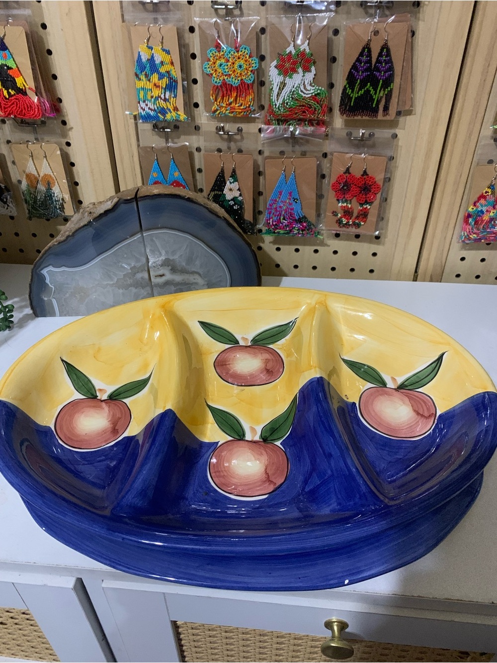 Hand-Painted Peach Ceramic Divided Serving Platter set- Blue and Yellow